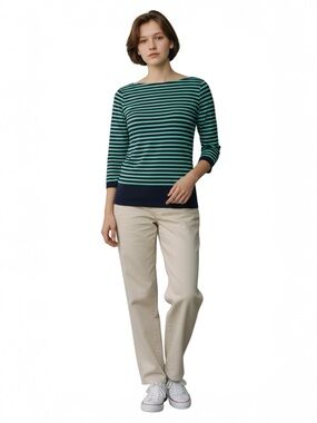 Navy Teal Stripes Boatneck 3/4 Sleeve Top